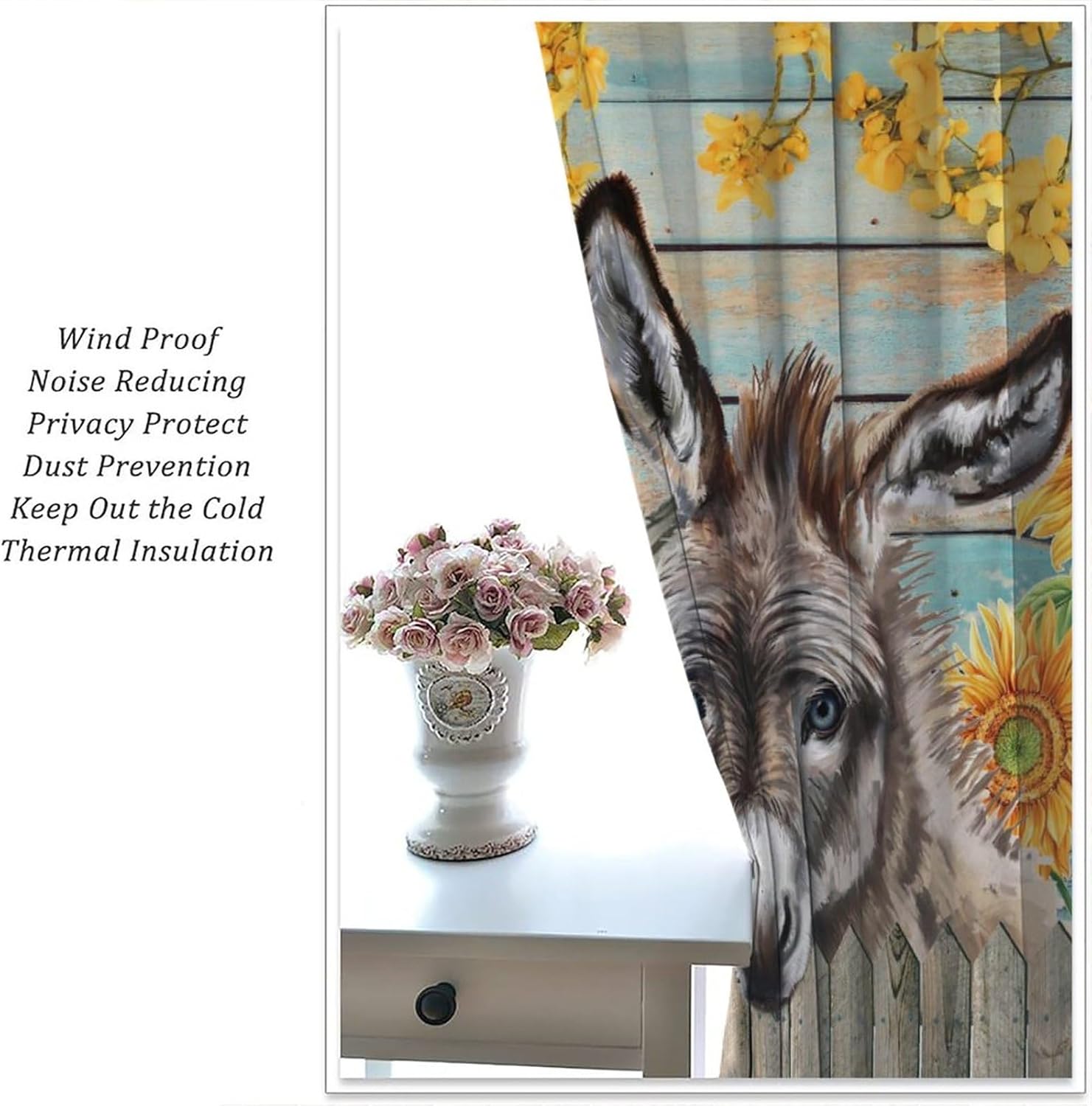 Rustic Farmhouse Animals Donkey Blackout Curtains for Living Room,Cute Funny Watercolor Wooden Board Floral Sunflower Room Darkening Window Curtains with Rod Pocket - 2 Panels 63" L x 36" W