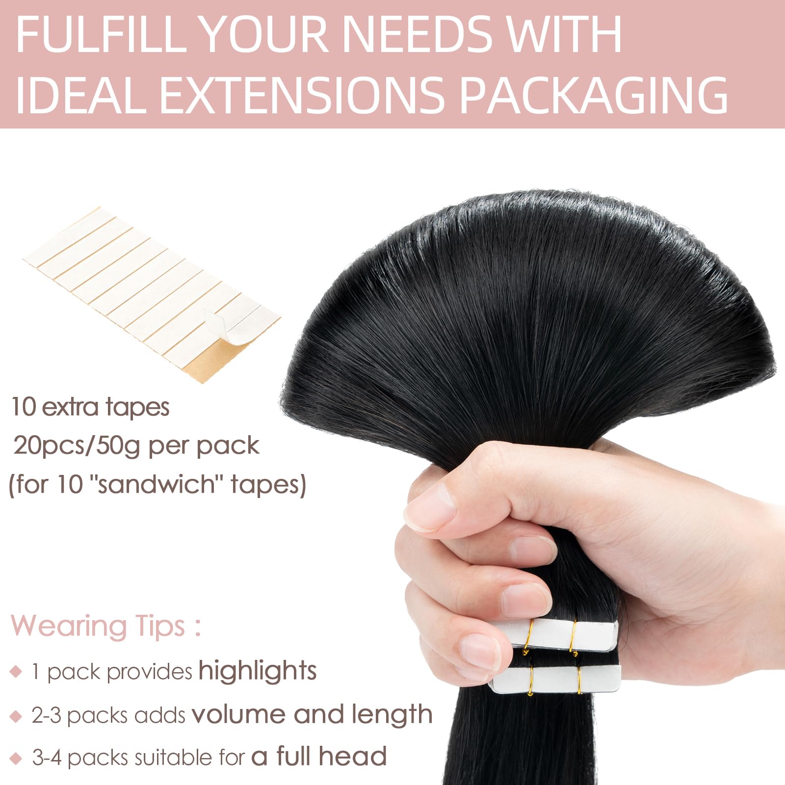 Silk-co 24inch Tape in Remy Human Hair Extensions 20Pcs #01 Jet Black Invisible -Skin Weft- Real Hair Extension Long Straight - Image 4