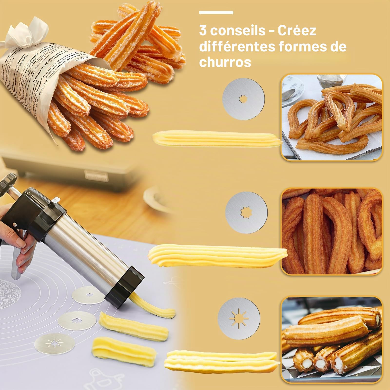 Machine a Churros,Presse a Biscuits, Appareil a Churros,Presse à Churro Pistolet à Pâtisserie avec 16 Gabarits,8 Douilles et Poche, Seringue Patisserie pour Gâteaux Gâteaux Dessert