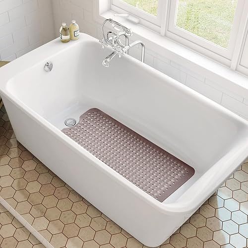 Miniatura 7 de Tapetes para bañera y ducha, extra larga, antideslizante, con ventosas y agujeros de drenaje para baño, lavables a máquina (marrón)