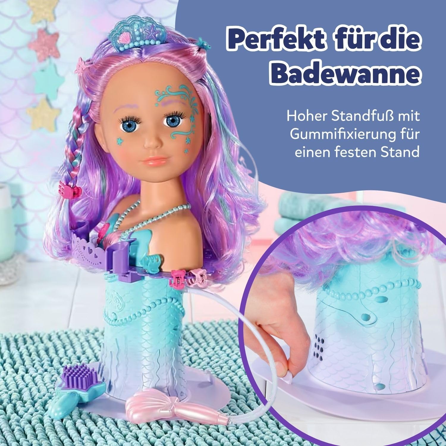 BABY Born Stylingkopf Meerjungfrau - Puppen Schmink- & Frisierkopf für Kinder ab 3 Jahren - Drehbar & für die Badewanne geeignet - Mit Wasserfunktion, Bürste, Diadem & Zubehör