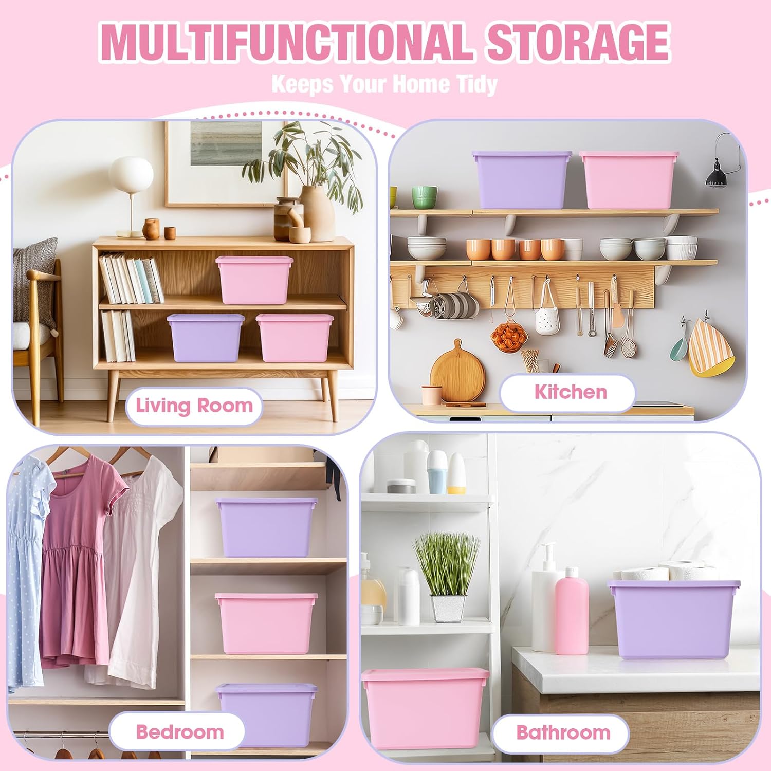 6 Pack Cute Plastic Storage Bins with Snap Tight Lids Small Stackable Storage Boxes 9.8" ×7.3" ×5.7" Storing Totes for Organizing Craft Office Supplies (Pink,Purple) - Image 4