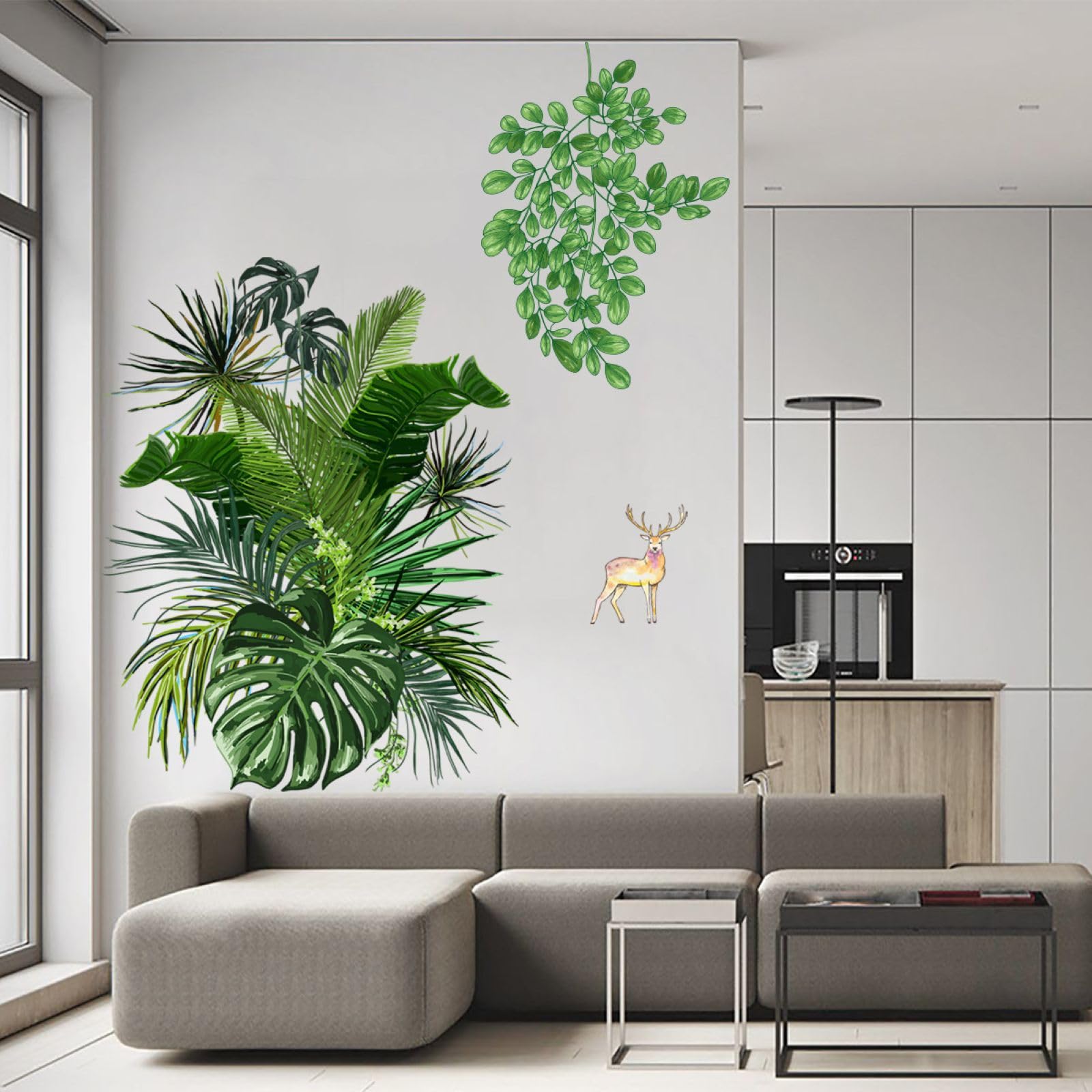 FUFUQUARE Large Tropical Palm Leaves Wall Stickers, Green Leaf Plants Deer Wall Decal - Image 2