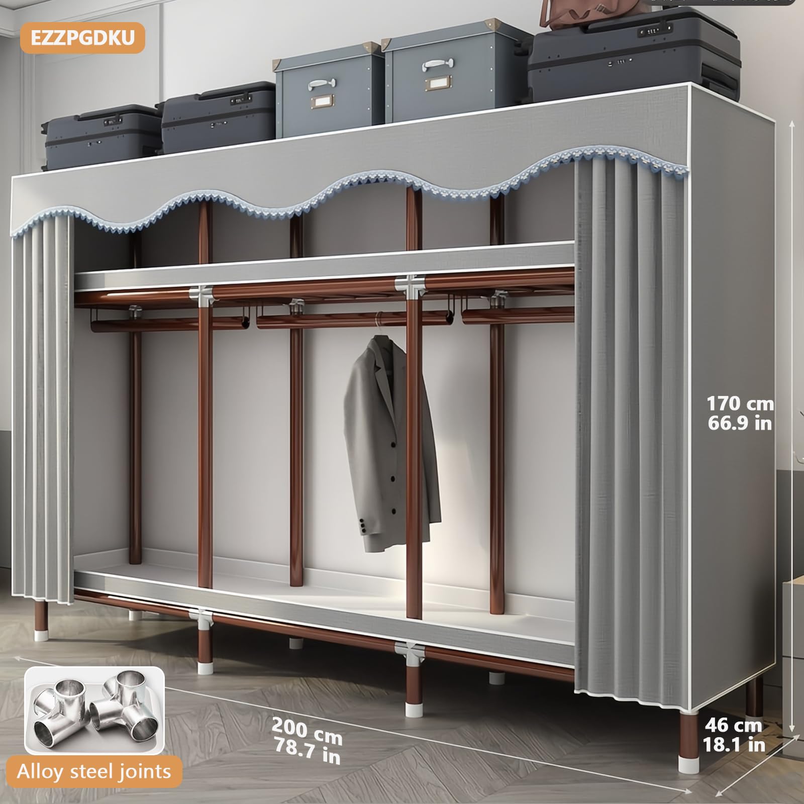 Armadio in Tessuto, Armadio Salvaspazio Guardaroba, Armadio Portatile Grigio, Armadio Guardaroba per Camera da Letto, Tubo in Acciaio per Elettroforesi Verniciato da 25 mm, 200 x 46 x 170 cm