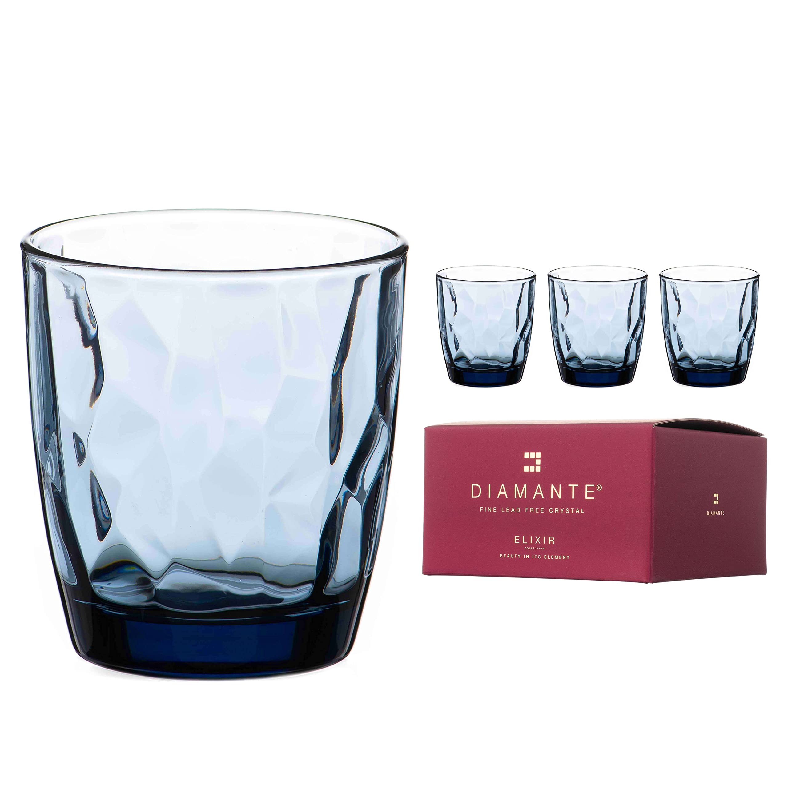 DIAMANTE All Rounder Glasses Coloured Short Drink Tumblers - ‘Mosaic Blue’ Collection – Gift Box of 4