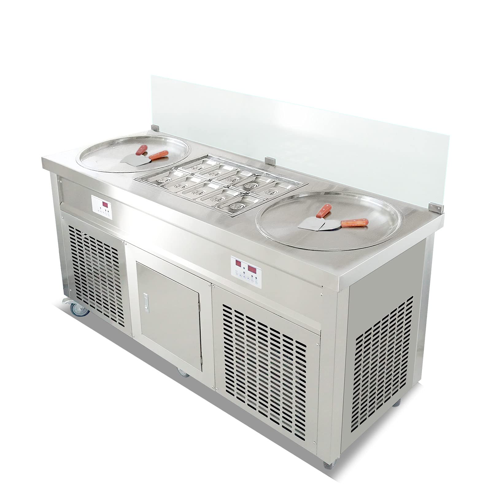 Commercial ETL Double Round Pans Stir Fried Ice Cream Machine with 10 coolated Tanks Fry Gelato Thai Stir