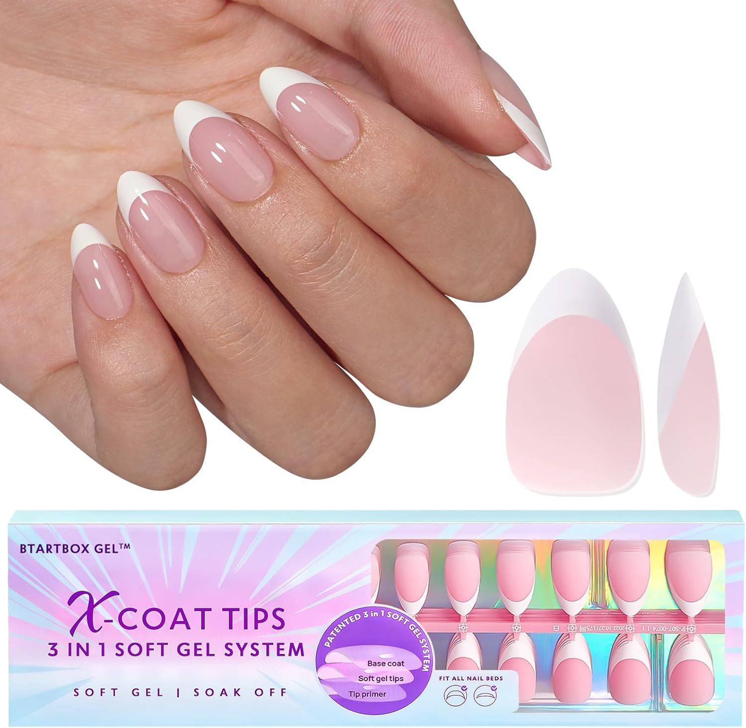 BTArtbox French Tip False Nails Short Almond Nail Tips for Gel Extensions, X Coat Tips Press