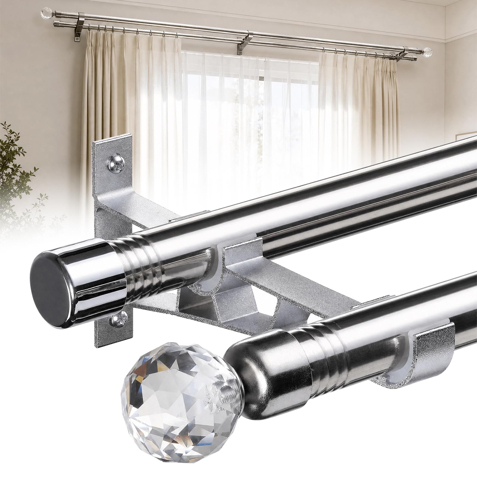 Double Curtain Poles, 2.5 cm Diamond Decorative Double Window Rods 76-158 cm Adjustable Curtain Poles for Sliding Glass Door, Patio, Bedroom, Silver