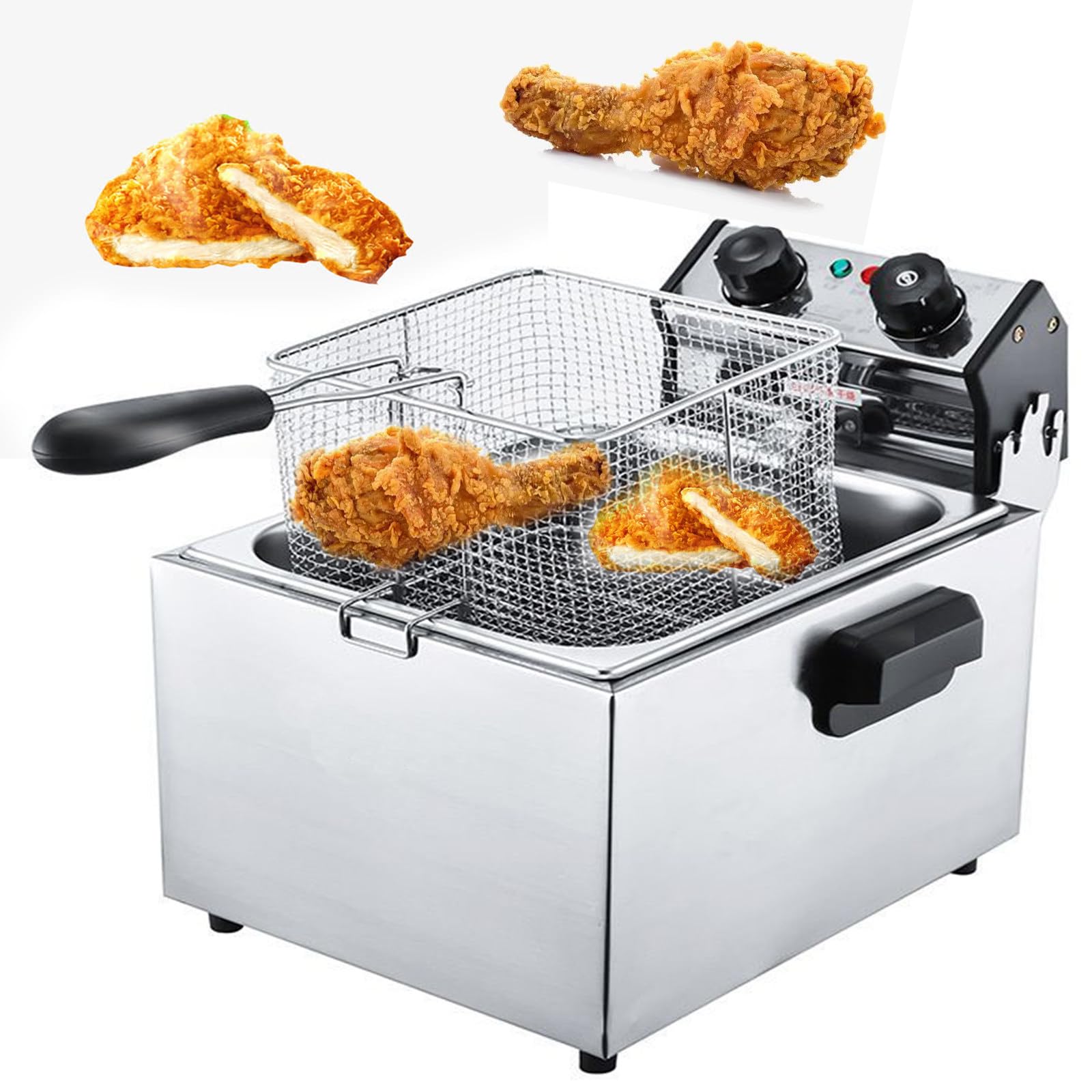 HCZKIUJY Large Electric Deep Fat Chip Fryers, Stainless Steel Commercial Chip Pans, 60-200°C Adjustable Temperature for Chicken,Shrimp