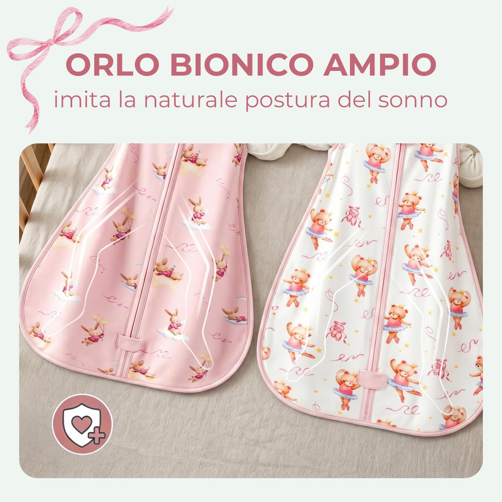 Confezione da 2 Sacchi Nanna Estivi per Bambini 0,5 Tog, Cotone Sacco Nanna Estivo per Bambini per Ragazzi e Ragazze, Motivo rosa: orsetto e coniglietto, 6-14 Mesi
