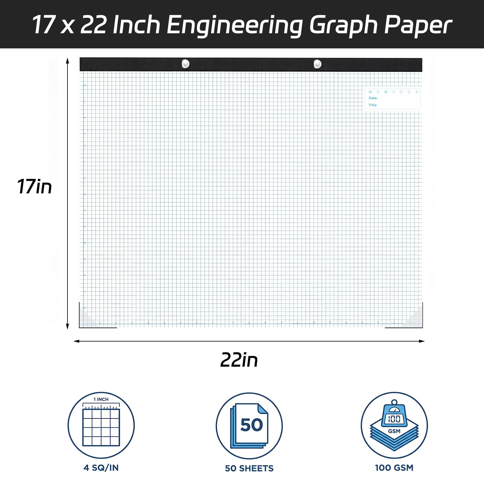 Thboxes Confezione da 2 fogli di carta a quadretti da 55,9 x 43,2 cm, 50 fogli 4 x 4 quad, a righe facili da strappare, blocco da disegno gigante, per ufficio, scuola, ingegnere, architetto