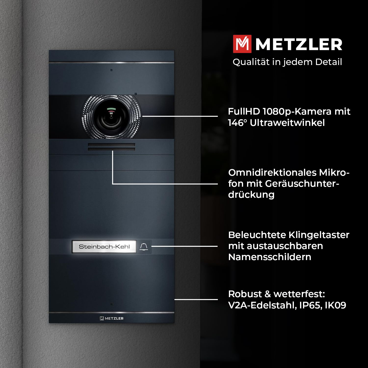 Metzler VDM10 2.0 Video Sprechanlage Komplett Set - mit austauschbarem Namensschild - LAN/POE - Türsprechanlage mit HD-Kamera für 1 Familienhaus, Smartphone App, in Anthrazit aus V2A Edelstahl