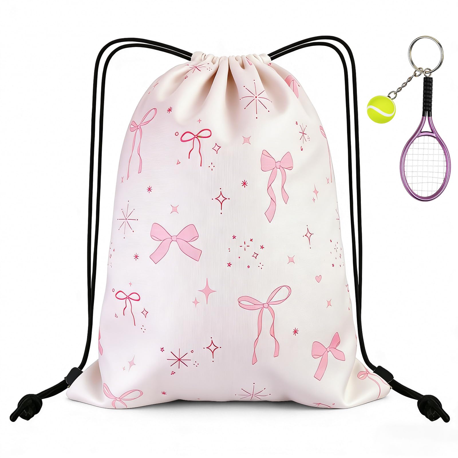 BD-Herego Bow Drawstring Bag with Fake Tennis Racket Keyring, Large Capacity Drawstring Backpack for Girls Kids Daily Outdoor Swimming Sports Home School Travel (Bow 3)