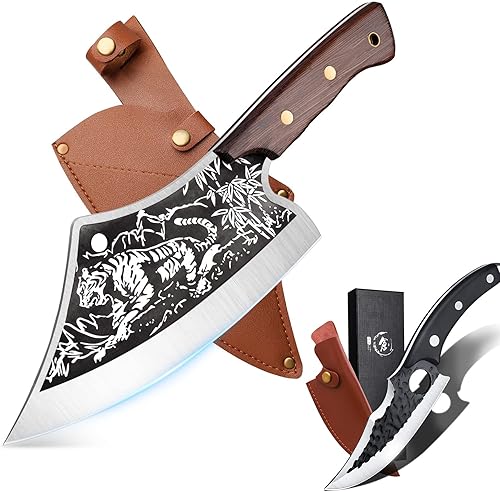 DRGSKL Juego de cuchillos deshuesadores y cuchillos de carnicero para carne, cuchillo de carnicero tallado con patrón de tigre con mango de espiga