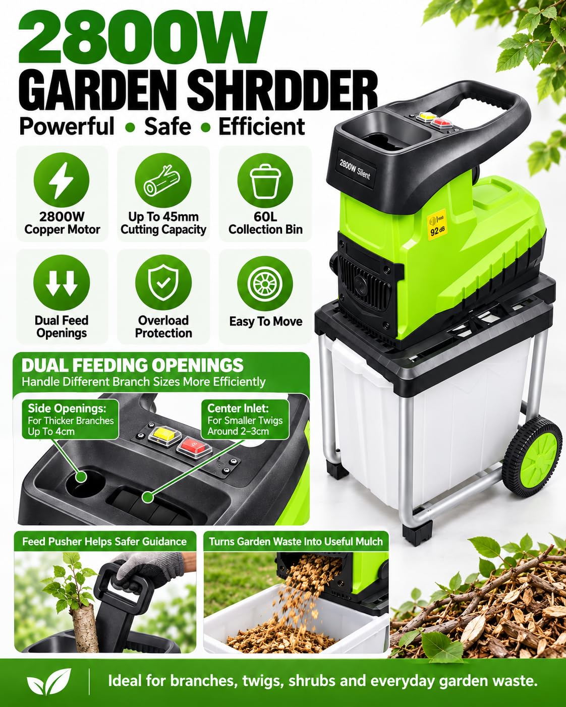 Broyeur De Jardin Électrique 2800W, Pour Branches Jusqu’à 45mm