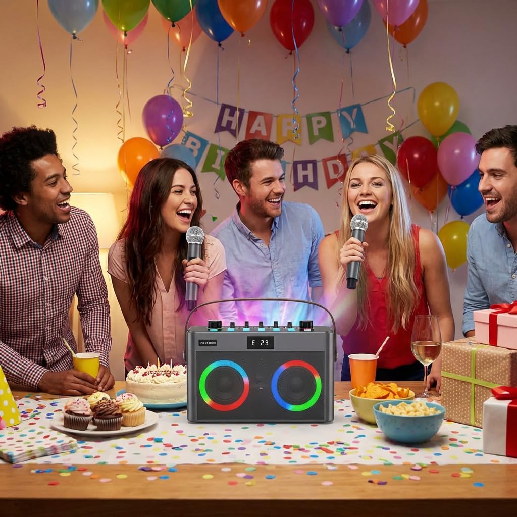 MT-VIKI Audio Mixer Bluetooth Karaoke Maschine Lautsprecher mit 2 drahtlosen Mikrofonen + Handschlaufe, LED-Lichter, TF-Karte, AUX-in für Home Party, Picknick, Auto, Outdoor/Indoor