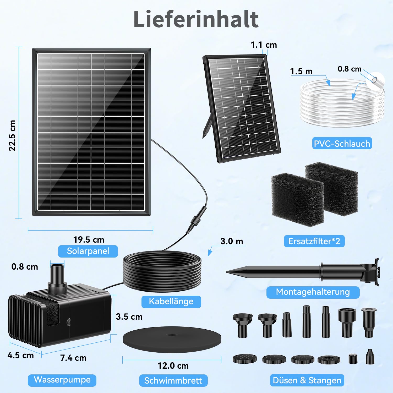 POPOSOAP 8W Fuente Solar Exterior, Bomba de Estanque Solar Mejorada con Protección contra Sequedad, Boquillas de Doble Pared, Manguera de 1,5 m para Bebedero de Pájaros, Estanque, Acuario