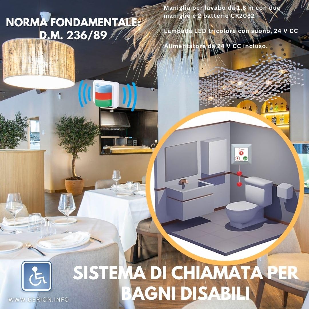 Kit Sistema di avvisi di allarme emergenza per bagno assistiti accessibili disabili, cliniche, repositori, ostacoli, ristoranti. Decreto Ministeriale