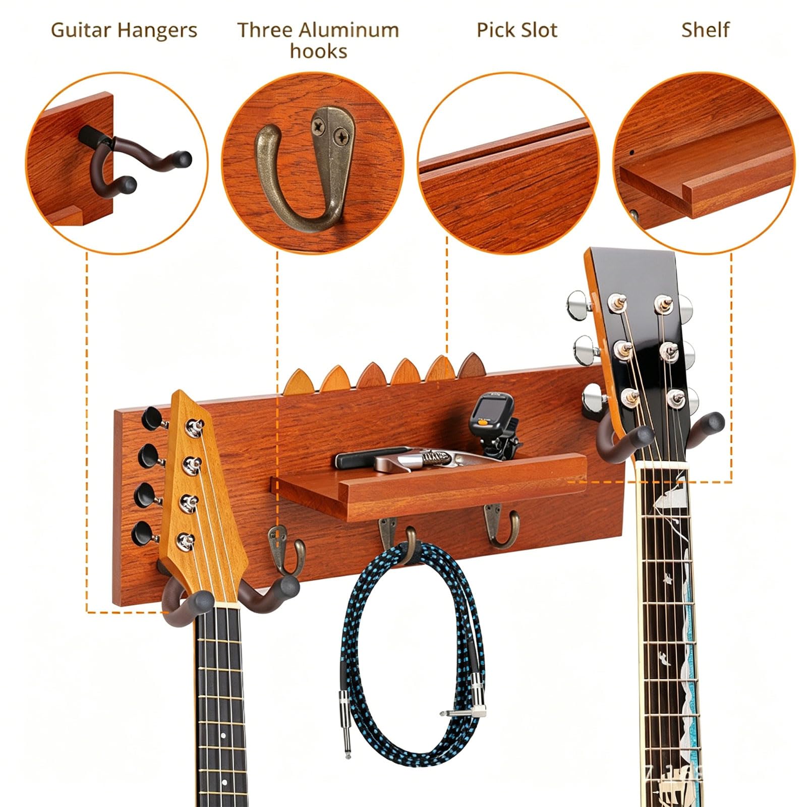 Wandmontierter Halter, benutzerfreundliche Holztextur mit weicher Schutzpolsterung, Ukulelen-Aufbewahrungshaken für verschiedene Gitarren, wandmontierter Gitarrenständer
