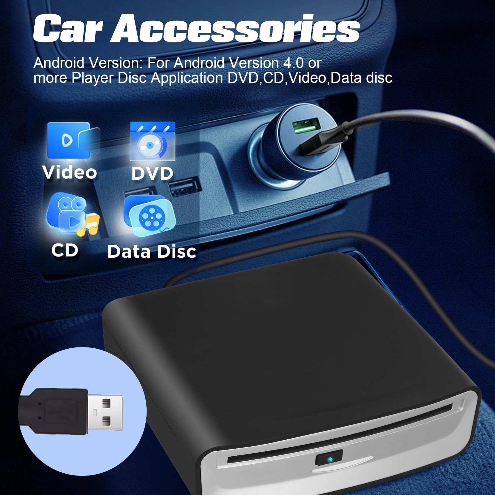 Lecteur CD DVD Externe USB pour Auto, Ordinateur, TV - Lecteur Optique Portable Plug & Play avec Connecteur USB 2.0 pour Autoradio, PC, Multimédia - Aucun Pilote Requis