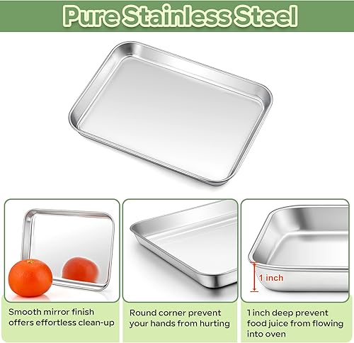Miniatura 3 de TeamFar Molde para horno tostador con juego de estante, 9 x 7 x 1 pulgadas, de acero inoxidable, compacto, bandeja para hornear pequeña con mini