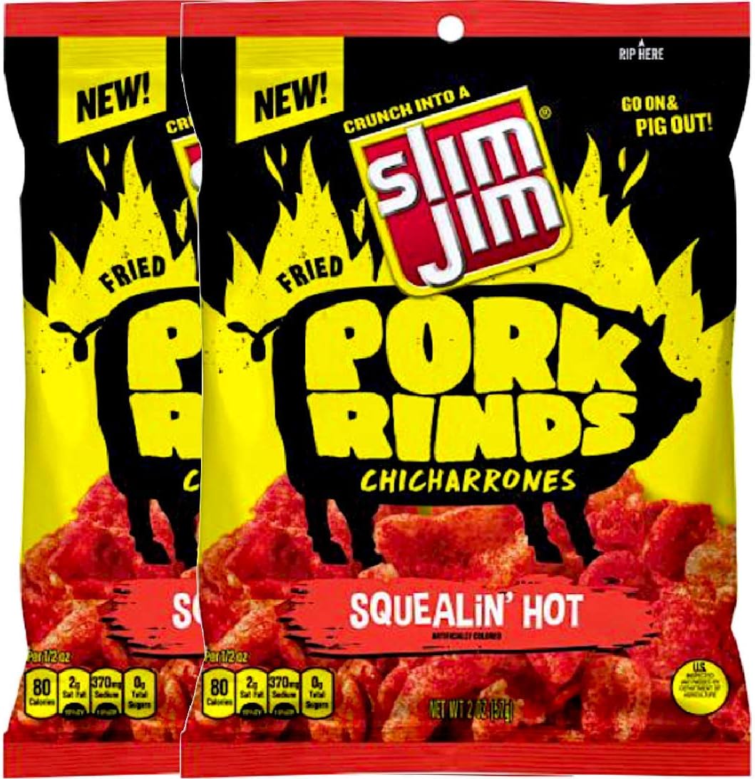 NEW Slim Jim Pork Rinds Chicharrones "Squealin Hot Net Wt 2oz (Pack of 2)