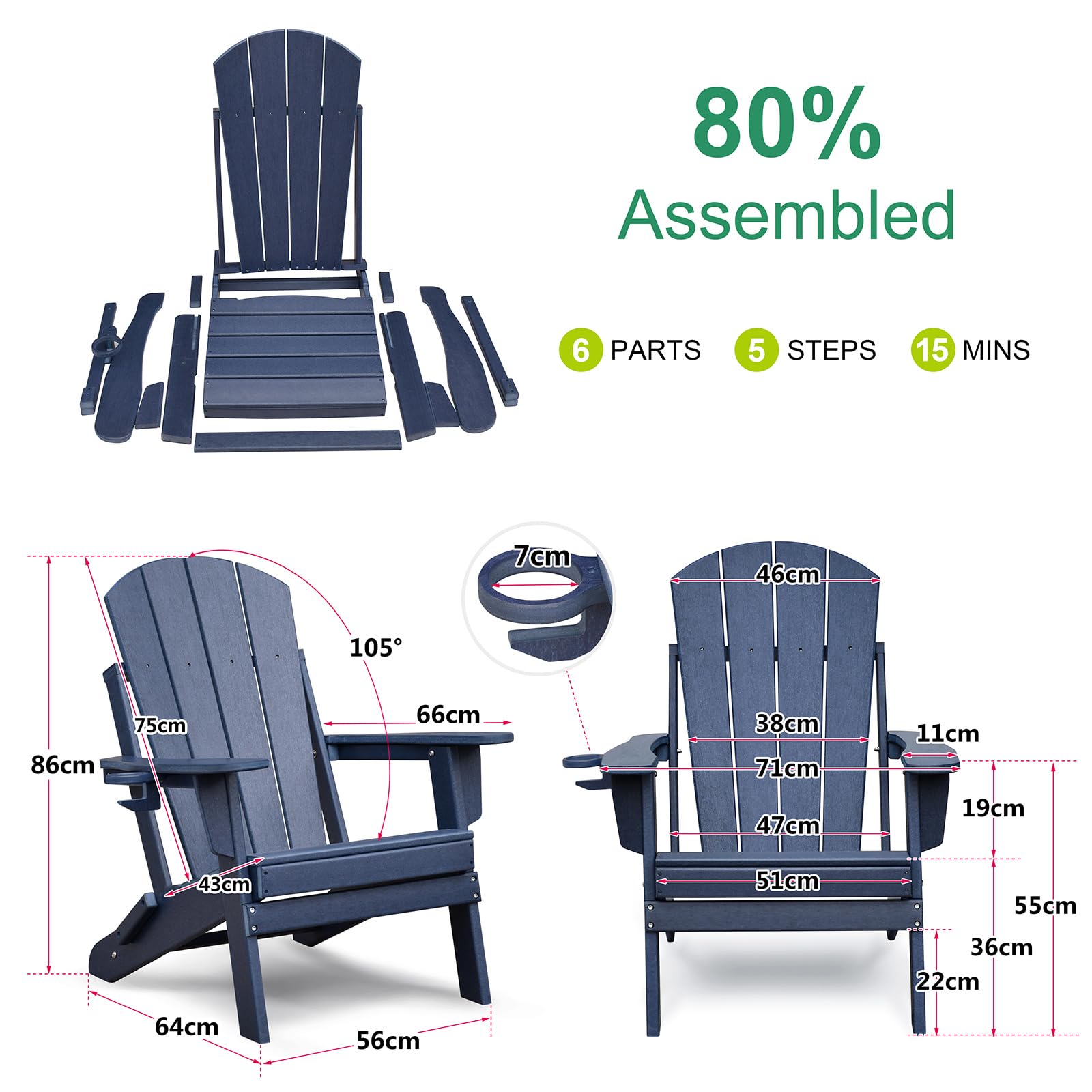 ART TO REAL ATR Klappbar Adirondack Stuhl Set of 2,Adirondack Chair Kunststoff mit Getränkehalter,Wetterfester Gartenstuhl Outdoor Sessel, Relaxsessel Plastik Garten Terrasse,Navyblau