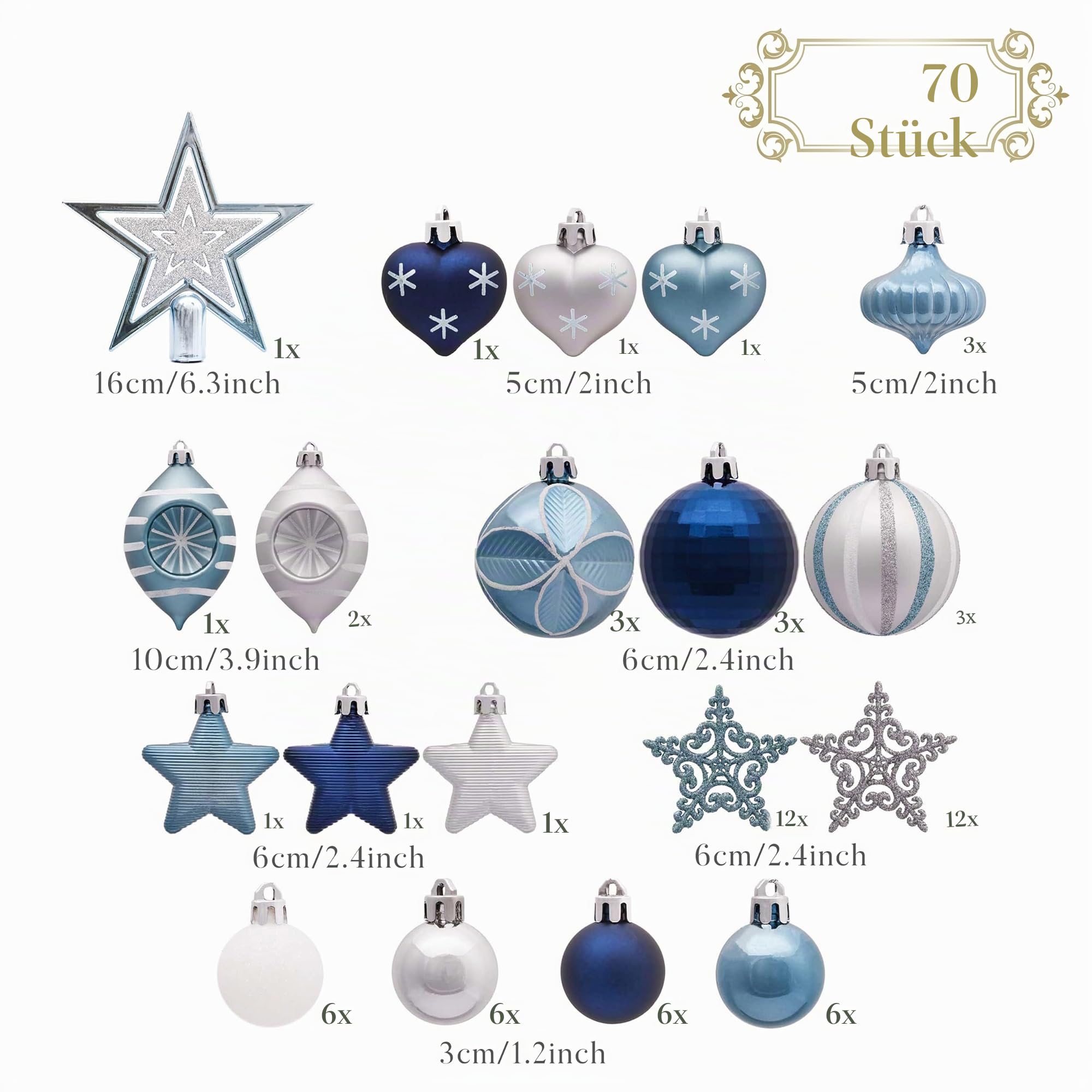 Valery Madelyn Weihnachtskugeln 70Stück 3-16cm Plastik Christbaumkugeln Weihnachtsbaumschmuck mit Weihnachtsbaumspitze und Aufhänger Weihnachtsdeko Winterwünsches Thema Silber Blau MEHRWEG Verpackung