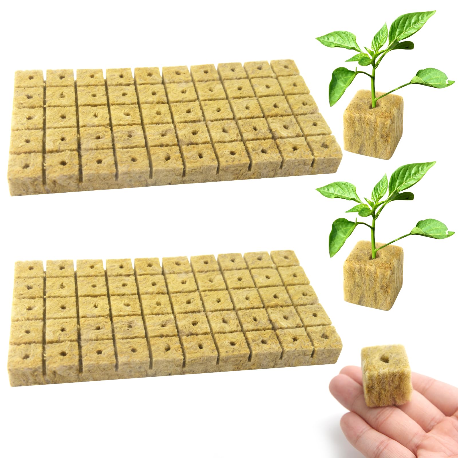 Cubos de cultivo de lana de roca de 100 agujeros de 25 x 25 x 25 mm, cultivo hidropónico de invernadero, sin suelo, base de compresa, cubos de inicio de lana de piedra para el inicio de