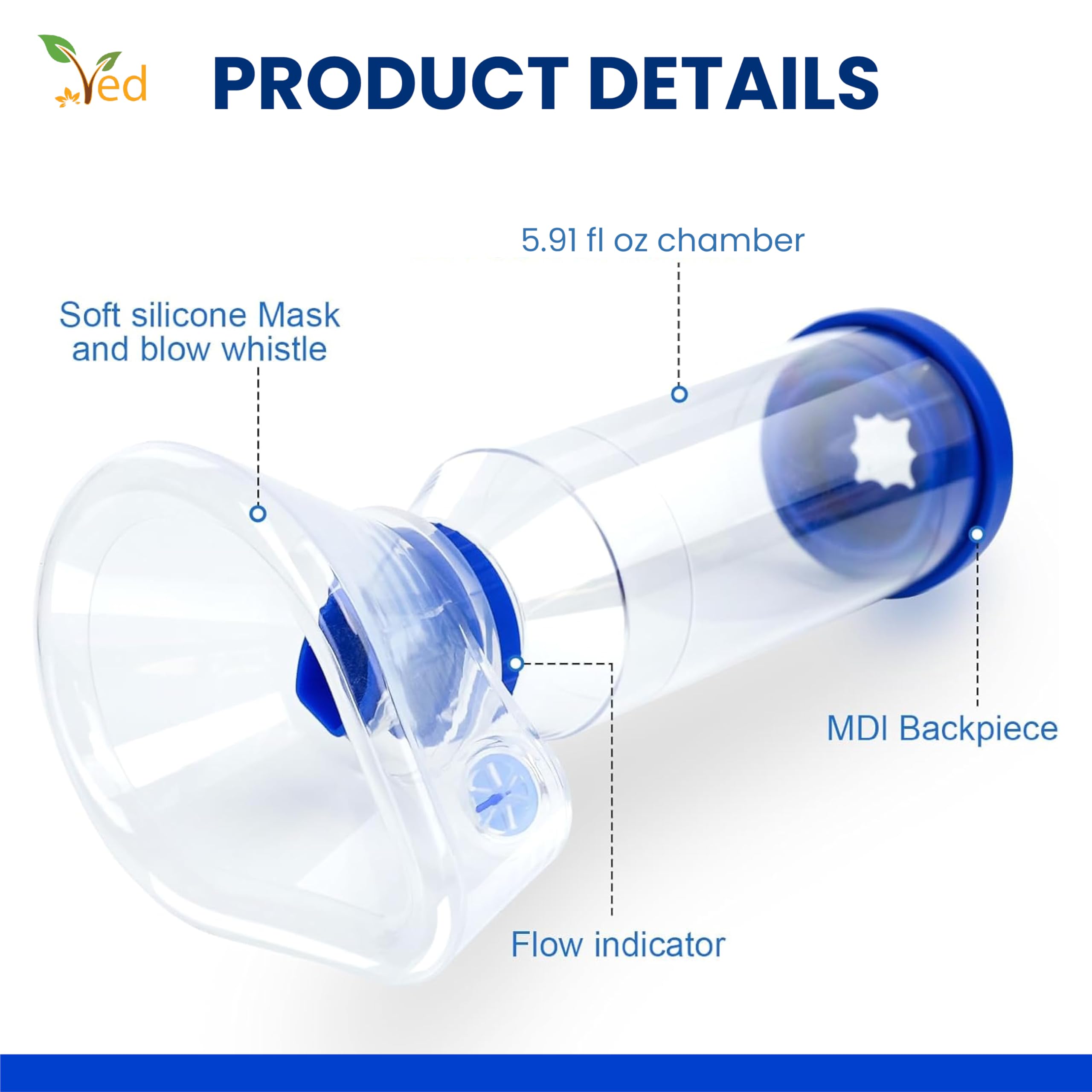Dispositif d'espacement antistatique pour inhalateur, chambre d'inhalateur, à utiliser avec un inhalateur doseur, sans BPA ni latex pour adulte. (Bleu)
