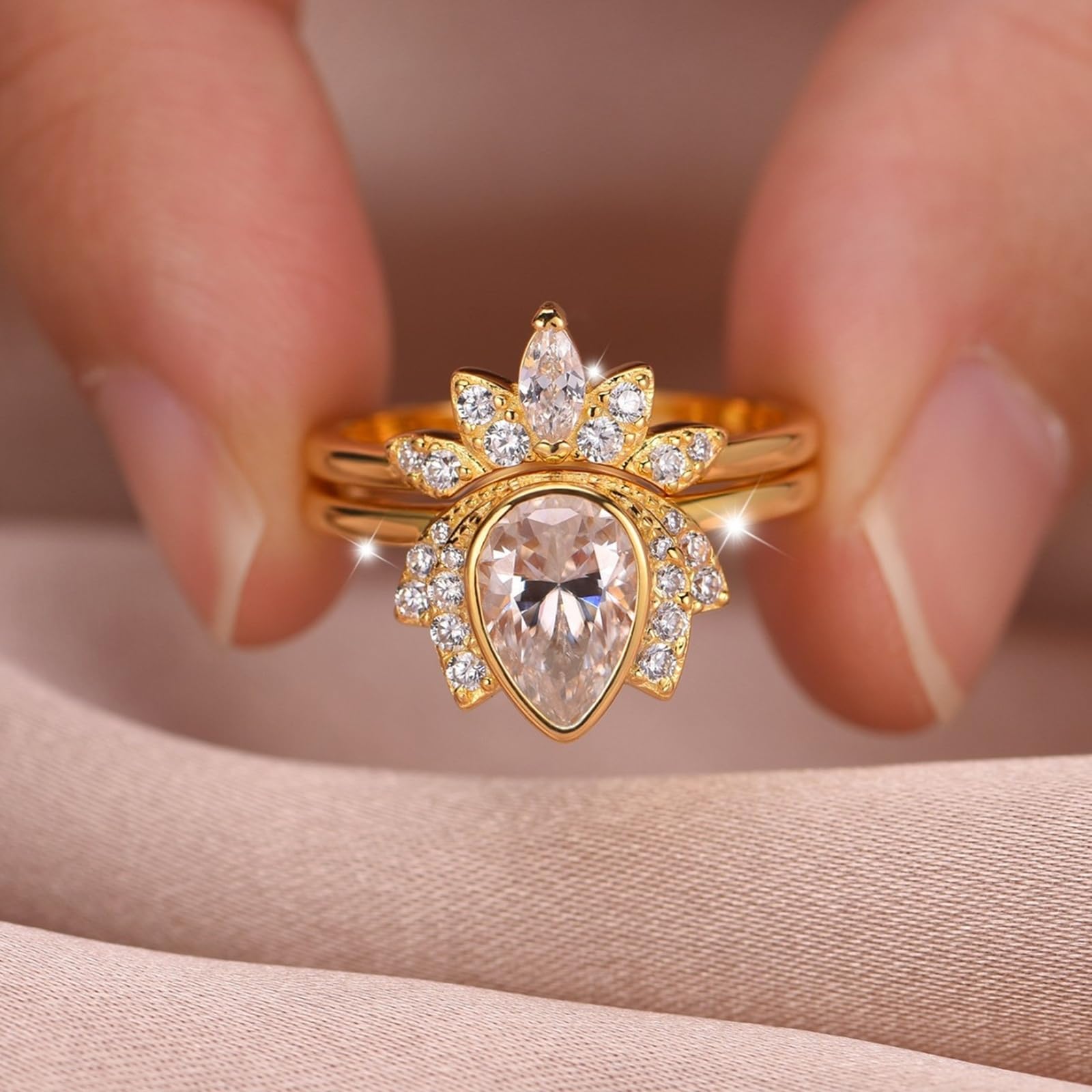 Anillos para mujer, oro real, 2 unidades, oro blanco, apilables, con moissanite, 1,5 ct
