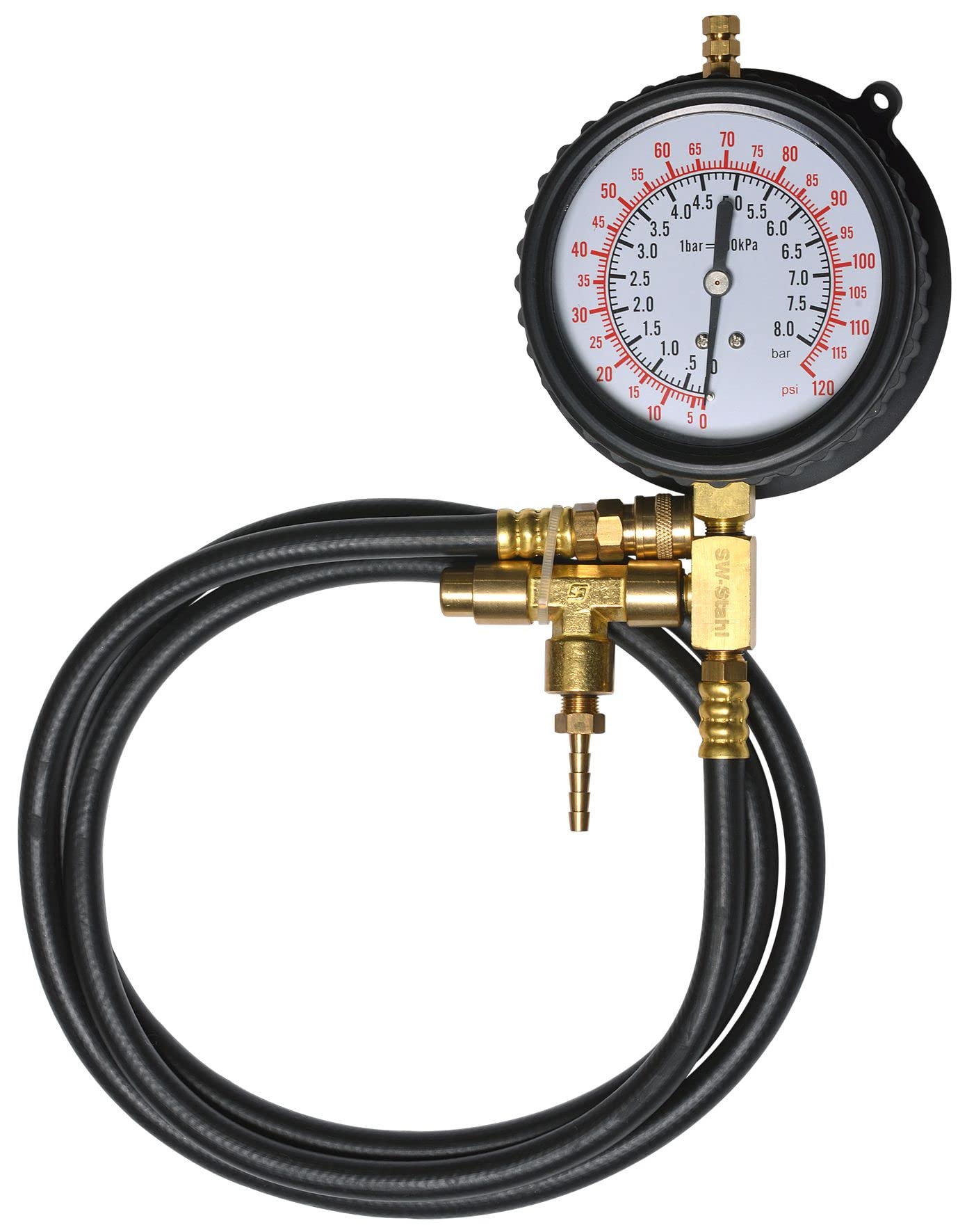SW-Stahl 26073L-M Manometro con Tubo, 0-8 bar per Aria Compressa | Misuratore di pressione con attacco filettato, corpo robusto per officina, ricambio per articolo 26073L, scala precisa