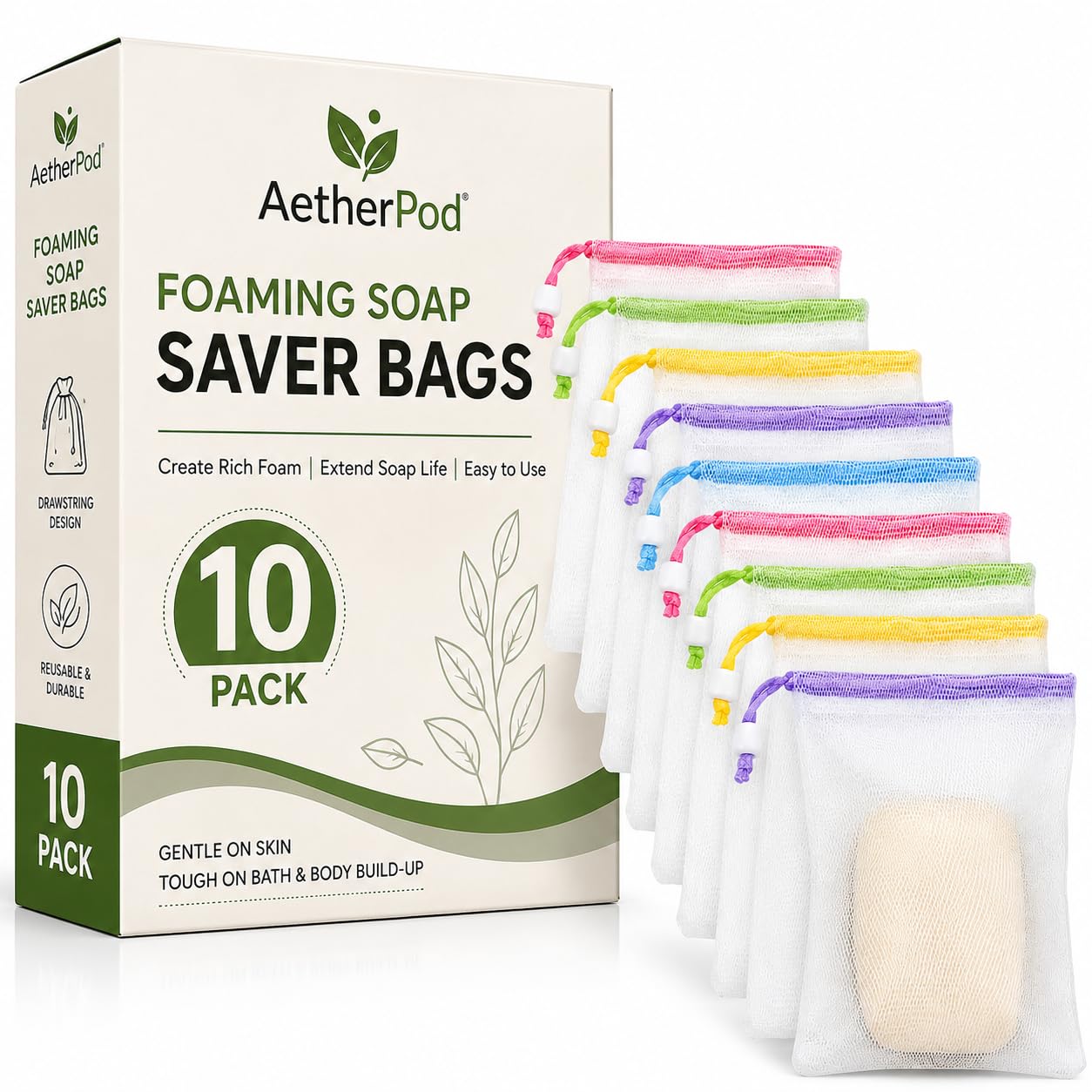 Mesh Soap Saver Bags for Bar Soap, Pack of 10 | Exfoliating Soap Pouch with Drawstring | Foaming Net Holder for Bath, Shower, Face & Body Cleansing | Reusable Storage Bag-image-10