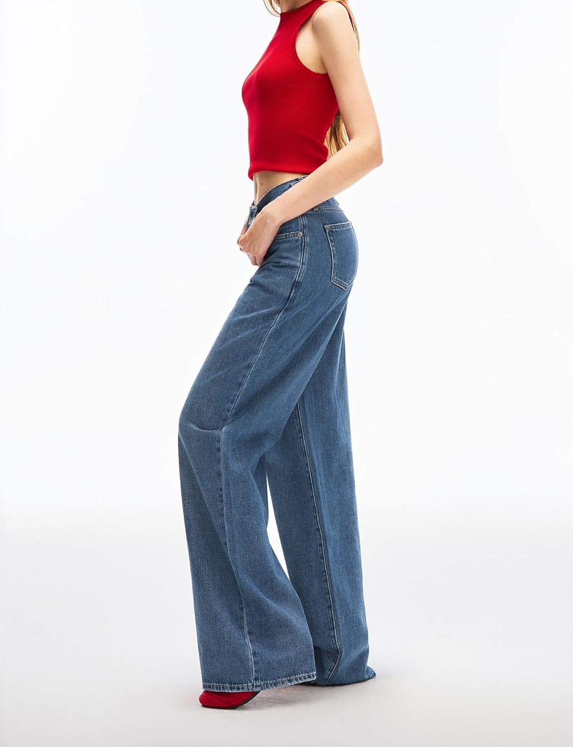 Women’s Adjustable Wasit Baggy Jeans with Snap-Button Waistband Wide Straight Leg High Rise Jeans Denim Pants Y2K Trousers