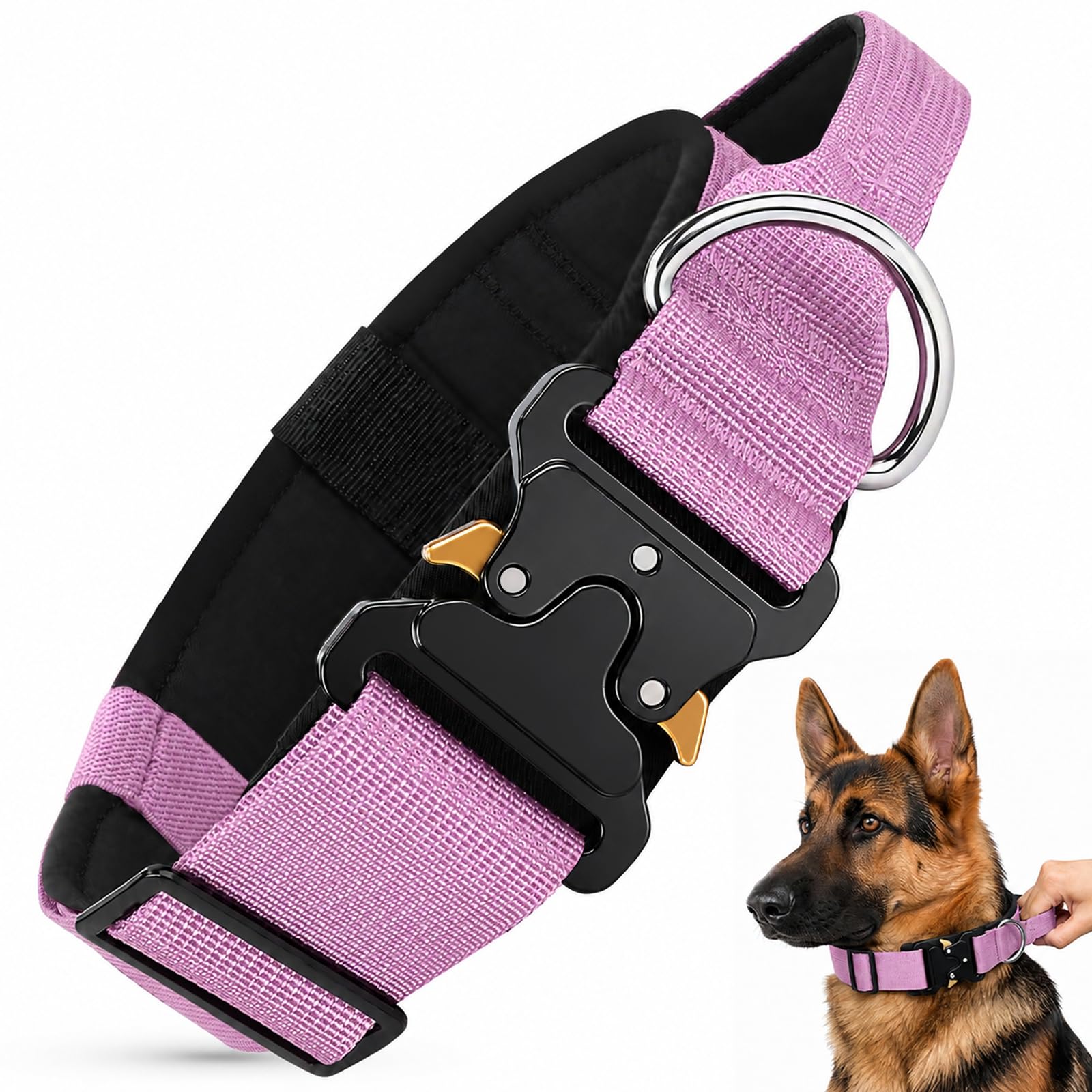Tactical Dog Collar for Medium Large Dogs, Wide Heavy Duty Purple Dog Collars with Handle and Metal Buckle, Adjustable Padded Collar for Dogs Outdoor Walking and Training (Purple, L)