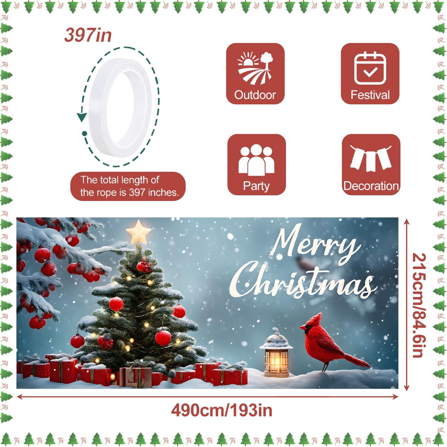 Christmas Garage Door Banner 7x16FT, Cardinal Bird and Gift Tree Garage Door Cover, Large Outdoor Xmas Decoration for Garage Doors, Garden Fence & Holiday Parties