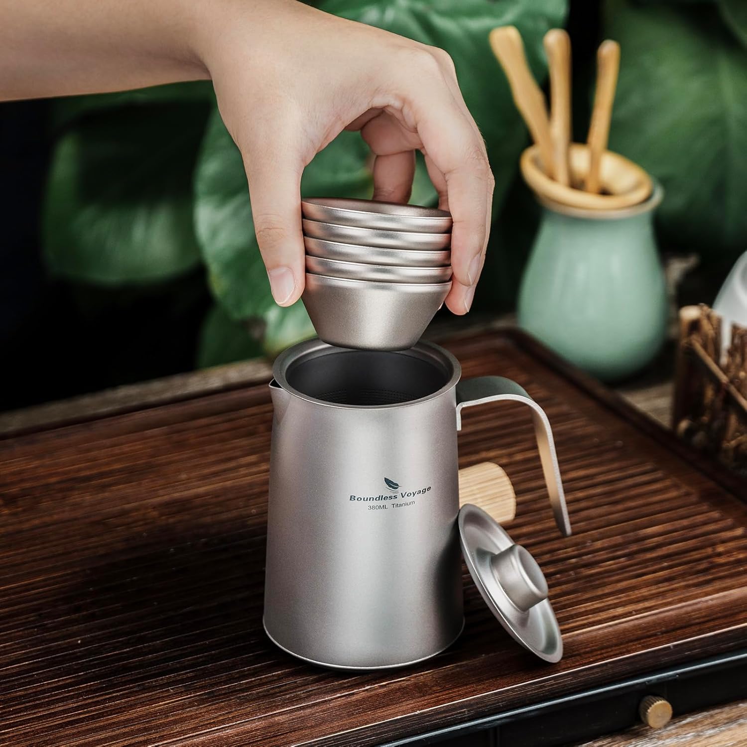 iBasingo 380ml Titanium Teapot with Infuser and 4 30ml Teacups Lightweight Portable Tea Kettle with Lid Chinese Tea Set for Home Outdoor Camping Travel Picnic Hiking Ti3116D+Ti3083D