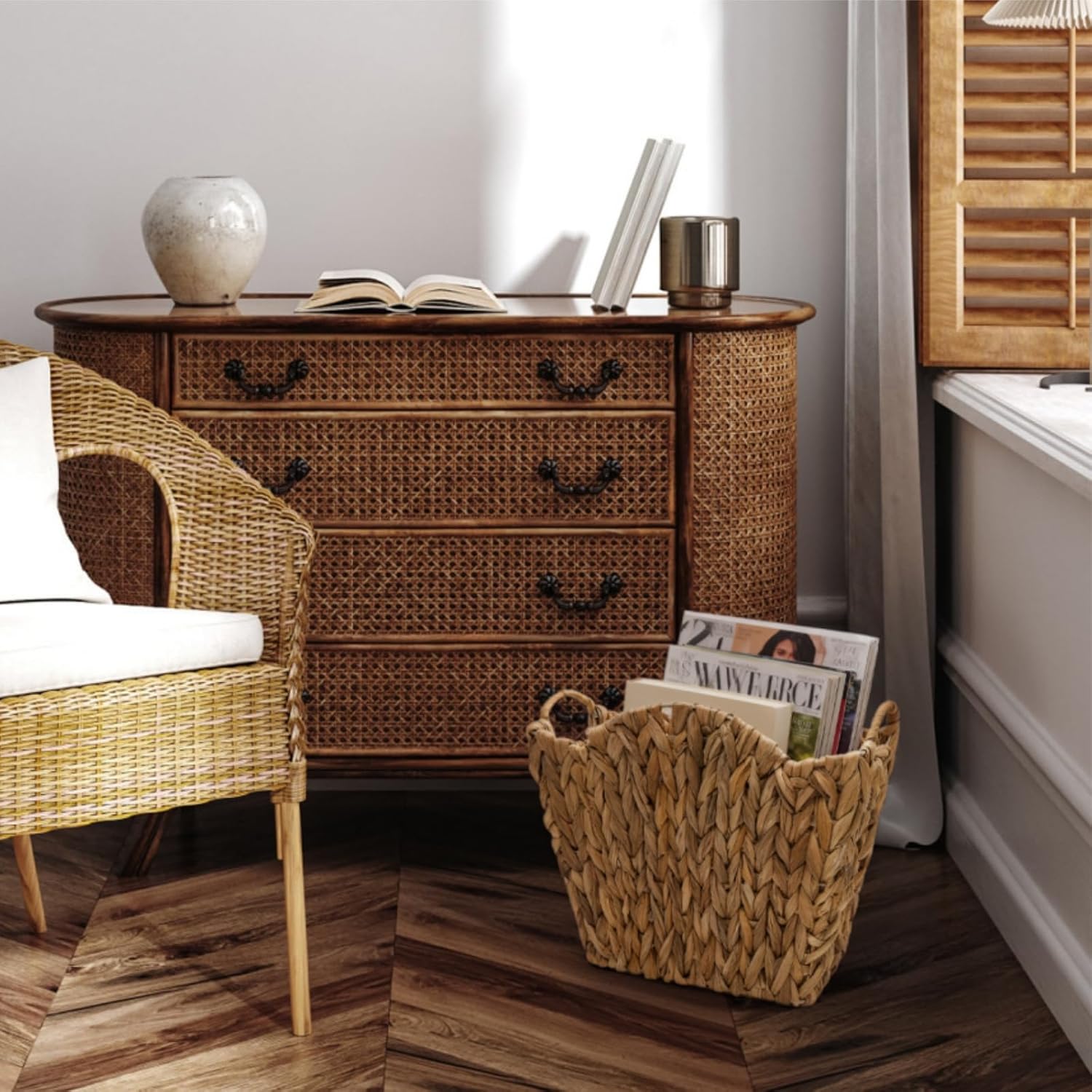 Eorbow Wicker Waste Basket, Handwoven Trash Can with Built-in Handles, Rattan Waste Bin for Bathroom, Water Hyacinth Garbage Storage Container for Bedroom Office Laundry Utility Room