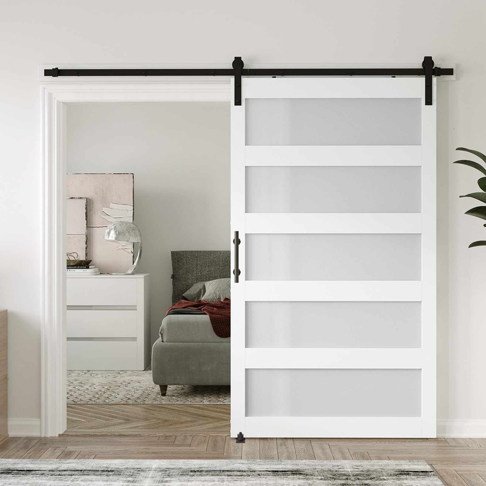 48in x 84in 5-Panel Sliding Glass Barn Door with 8ft Hardware Kit Included, Easy Assembly with Pre-Drilled Holes, Waterproof, Frosted Glass for Bathroom-Fit Max Opening 46in x 82in, White