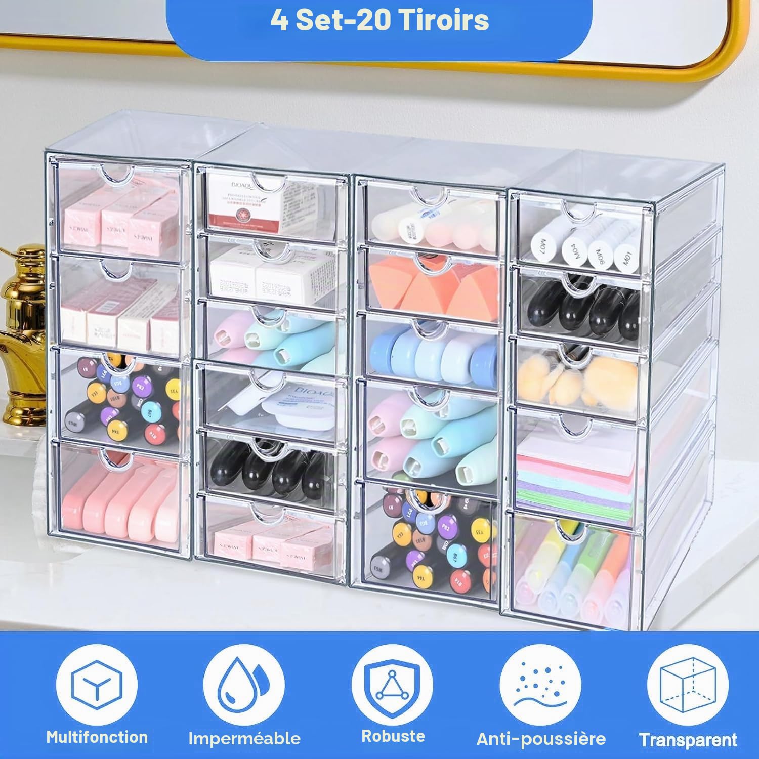 Lot de 4 organisateurs cosmétiques avec 20 tiroirs, empilables, tiroirs de rangement en acrylique durable, organiseurs de bureau transparents pour bureau, salle de bain, rangement de bijoux