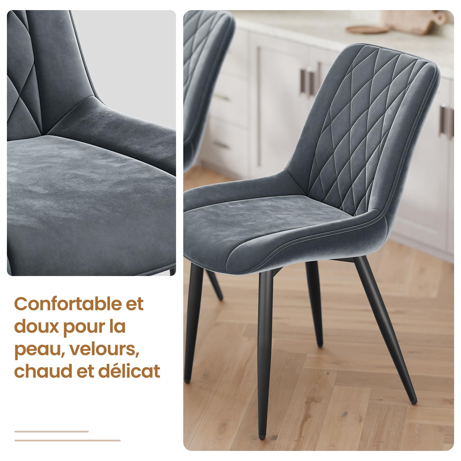 INRE Lot de 4 Chaises Salle à Manger en Velours, Chaise de Cuisine Rembourrée avec Dossier Ergonomique, Pieds en Métal, Patins Réglables, pour Salon Bureau Chambre, Gris Foncé