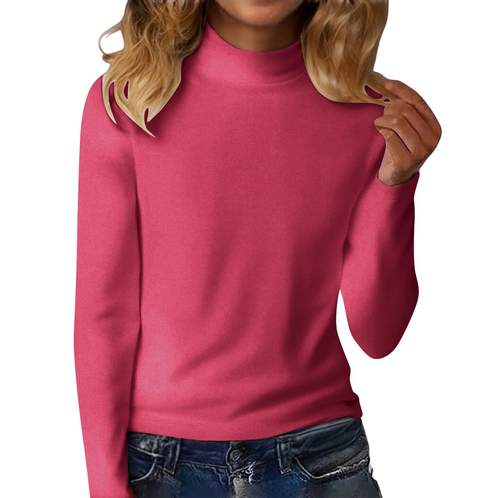 Camiseta Mujer Manga Larga Original Tops de Cuello Alto Primavera Otoño Color Sólido Sueltos Jersey T-Shirt Camisetas Basicas Pullover Deporte Fiesta Cómodo Casual Camisetas Interior Diario