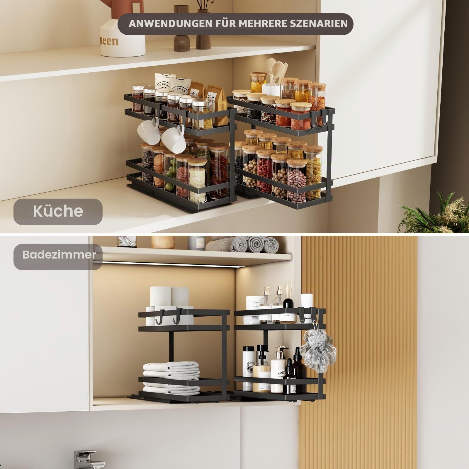 Magheo 2 Stück Gewürzregal Ausziehbar, Metall Gewürz Organizer Schrank, 2 Etagen Herausziehen Gewürzregal Stehend, Kleines Gewürzregals Ohne Bohren Innenschrank Küchen Spice Rack Pull Out (Schwarz)