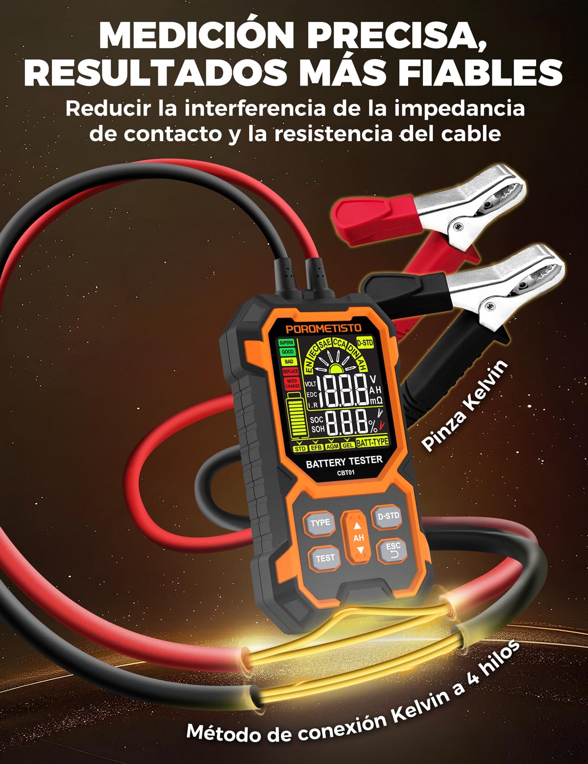 Comprobador De Baterias de Coche POROMETISTO CBT01 | Probador batería 12V/24V 50-1999 CCA. Para autos, motos, 4x4. Mide V, resistencia, CCA, SOC, SOH. Para aficionados y pros