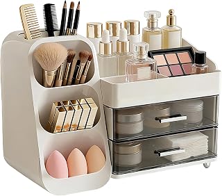Cosmetic Organizer with Boxes, Large Cosmetic Makeup Organizer, Skin Care for Brushes, Lipstick, Skin Care Bathroom and Bedroom Ivory White