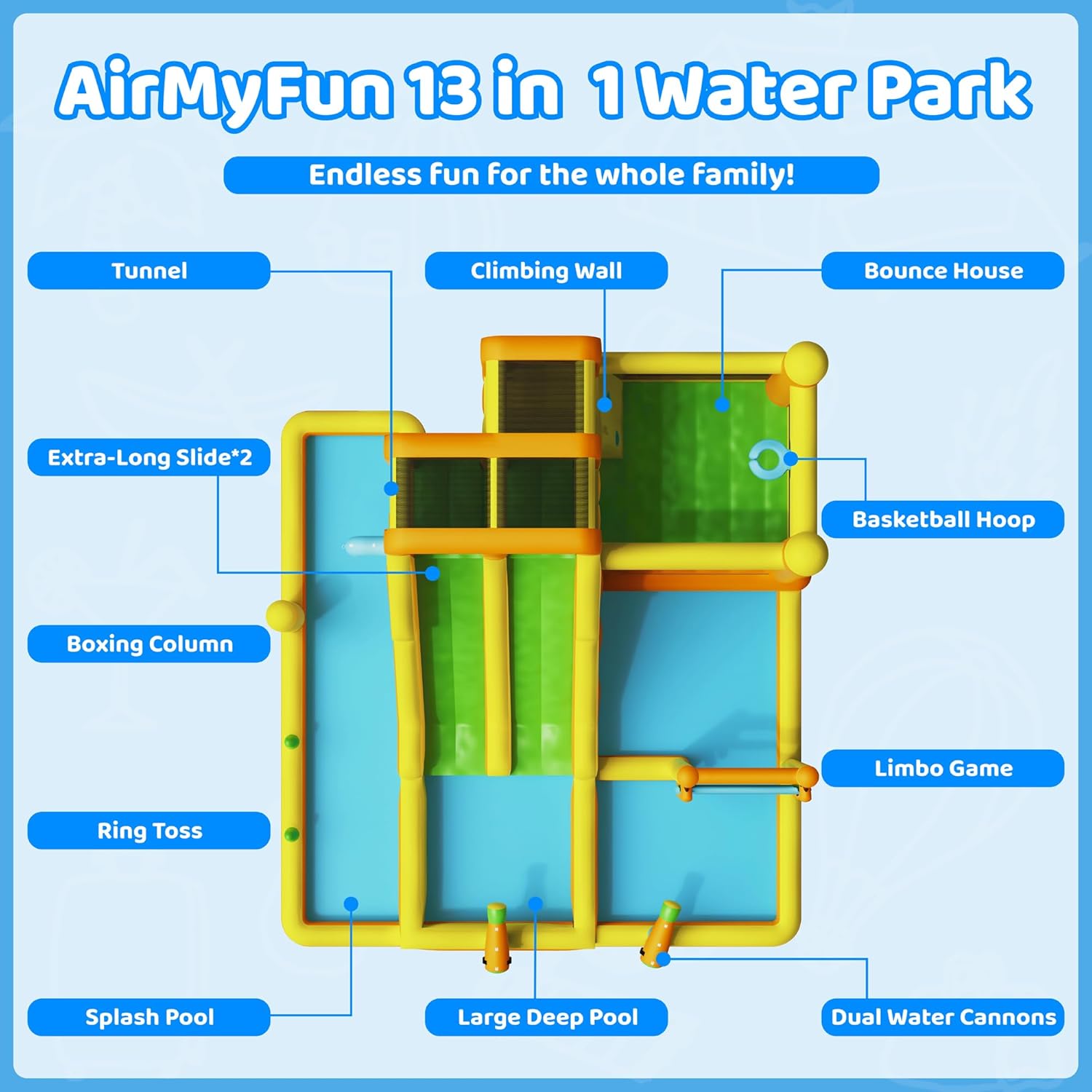 AirMyFun Inflatable Water Slide, 13 in 1 Water Bounce House for Kids Backyard with Double Slides,Splash Pool, Climbing Wall, 2 Water Cannons, Basketball Hoop, Inflatable Water Park with Blower