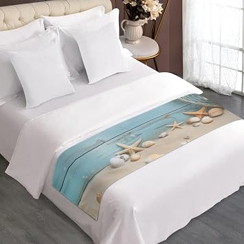 ZFRXIGN Beach Starfish Bed Scarf King Size Bed Runner Blue Wood Bedding Set Bedspread Blanket Rug for Bedroom Room Hotel Table Cloth Womens Room Decorations