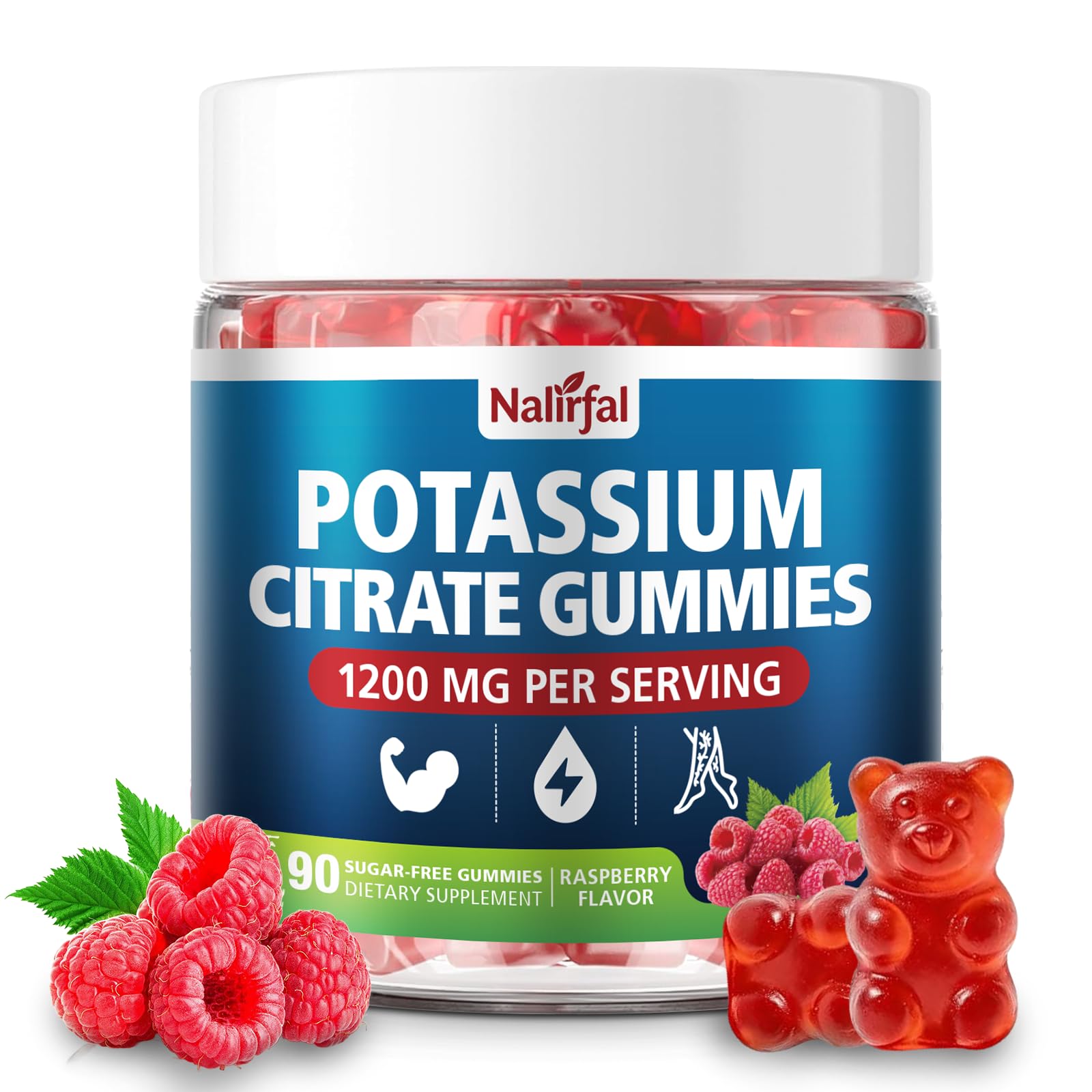 Potassium Citrate Gummies 1200mg – High Absorption Vegan Electrolyte Supplement for Muscle Support,Natural Raspberry Flavor, 90 Count