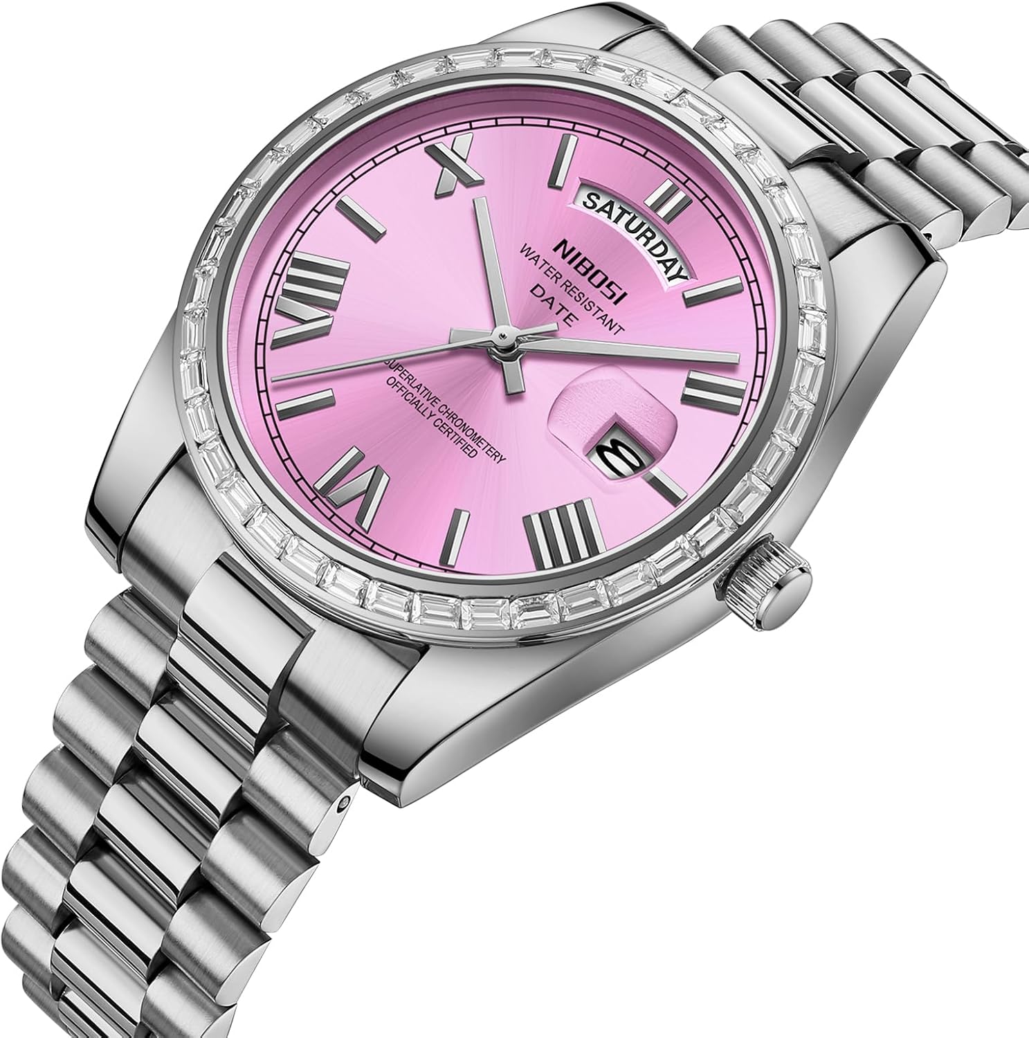 NIBOSI Men's Watches Analog Quartz Diamond Bezel Stainless Steel Dial Rose Gold Silver Watches for Men Waterproof Business Classic Dress Wrist Watch with Day Date - Image 2