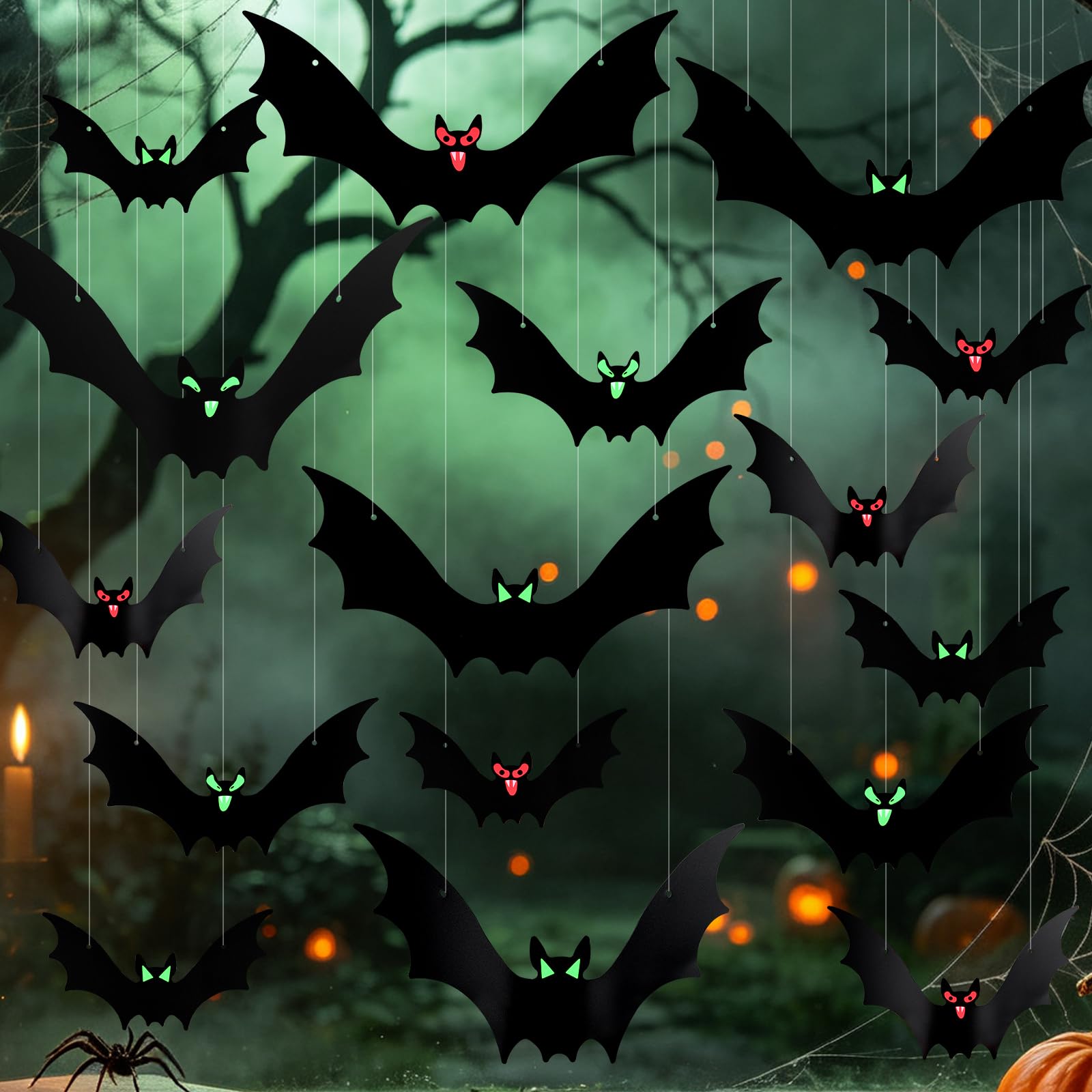 NEBURORA 16 Pcs Halloween Hanging Bat Decorations with Glowing Eyes Outdoor